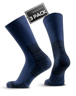 WEIERYA Wandersocken aus Merino Wolle, Crew Trekkingsocken Sportsocken für Herren & Damen, 3 Paar Gepolsterte Outdoor-Socken, Dunkelblau L von WEIERYA