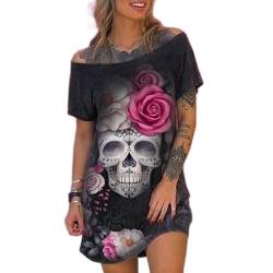 WEITING Europäisches und amerikanisches großes Kleid, modischer und sexy Kurzarmrock mit schräger Schulter und Totenkopf-Print für Damen – Schwarz – XL von WEITING