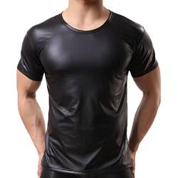 WEITING Männer Hemden Kunstleder Kurzarm T-Shirts PU-Leder Sexy Fitness Tops Gay Latex T-Shirt Gay Stage Tee Sexy Party Clubwear-Schwarz, M von WEITING