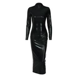 WEITING Sexy Damen PU-Leder-Midikleid, figurbetont, schmal geschnitten, langärmelig, Latex-PVC-Kleider, Vestidos, Elegantes Abendkleid, Streetwear, Schwarz, S von WEITING