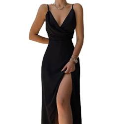 WEITING Spaghetti-Träger, sexy rückenfreies Wickel-Midi-Kleid, Schlitzkleid, Outfits, Damen, drapierte Kleider, elegante Club-Party-Schwarz, M von WEITING