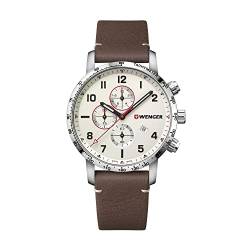 WENGER Herren Armbanduhr Attitude Chronograph Ø 44 mm, Swiss Made, Analog Quarz, Wasserdicht bis 100 m, Leder-Armband, Creme/Braun, 01.1543.113 von WENGER