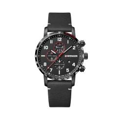 WENGER Herren Armbanduhr Attitude Chronograph Ø 44 mm, Swiss Made, Analog Quarz, Wasserdicht bis 100 m, Leder-Armband, Schwarz, 01.1543.106 von WENGER