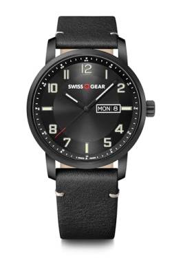 WENGER Herren Armbanduhr SWISSGEAR Ø 42 mm, Swiss Made, Analog Quarz, Wasserdicht bis 100 m, Leder-Armband, Schwarz, 01.9041.429 von WENGER