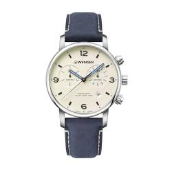 WENGER Herren Armbanduhr Urban Metropolitan Chronograph Ø 44 mm, Swiss Made, Analog Quarz, Wasserdicht bis 100 m, Leder-Armband, Creme/Blau, 01.1743.119 von WENGER