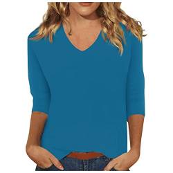 Bluse Damen Elegant Basic Shirt Damen V-Ausschnitt Shirt 3/4 Arm Damen T Shirt Damen Langarm Bedrucken Sommer Sweatshirt Lässig Tunika Oberteil Glitzer shirt Damen blau L von WEOPLKIN