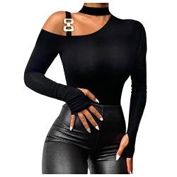 Langarmshirt Damen Sexy Square Neck Bluse Damen Elegant Spitzen-Mesh-Nähte Sexy Modische Lässig T-Shirt Tops Frühling Tunika Damen Langarm Longshirt Schwarz S von WEOPLKIN