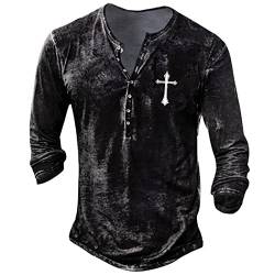 Langarmshirt Herren Henley T-Shirt Männer Vintage Casual Long Sleeve Shirt Men mit Knopf Militär Taktisch Mittelalterlich Hemd Herren Langarm Sweatshirt mit reißverschluss Herren Schwarz 3XL von WEOPLKIN