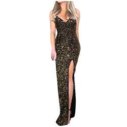 WEOPLKIN Abendkleid Damen Lang Pailletten Kleid Damen Sexy Kleid Damen Wickelkleid Damen Elegant V-Neck Wrap Bodyconkleid Partykleid Damen Club Cocktailkleid kleid schwarz Damen Gold S von WEOPLKIN