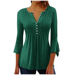 WEOPLKIN Bluse Damen Elegant Tunika Damen Puff Langarm V Ausschnitt Plissee T Shirt Bedrucken Lässig Shirt 3/4 Arm Frühling Sommer Bluse Tops Tunika Damen Grün L von WEOPLKIN