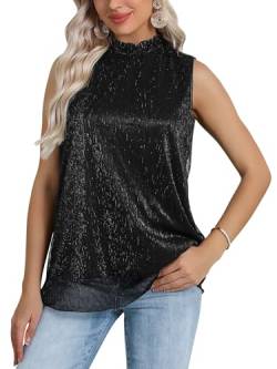 WIEIYM Damen Tank Top Sommer Elegant Glitzer Oberteile Camisole Ärmellos Tanktops Rüschen Rundhals Blusentop Sexy Vest Top Bluse Party Club Cocktail Vest Shirts,Schwarz,2XL von WIEIYM