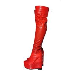 WILDKATZEN Damen Plateau Keilabsatz Stiefel Overknee Boots Stretch Gogo Schenkelhohe Stiefel PU Rot 46 EU von WILDKATZEN