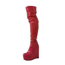 WILDKATZEN Damen Plateau Keilstiefel Overknee Boots Stretch Stiefel Wedges Lackleder Rot 44 EU von WILDKATZEN
