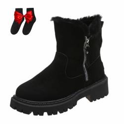 WINDEHAO Modische Stiefel mit Reißverschluss im Patch-Design für Damen, lässige warme Winterstiefel für Damen, lässige, warme Stiefeletten aus Plüsch für Damen (Black,36EU) von WINDEHAO