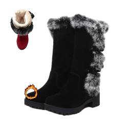 WINDEHAO Wadenhohe Pelzstiefel für Damen, warme Winterstiefel mit Pelzfutter und Plüschfutter, Thermo-Schneestiefel mit dickem Absatz und Schnallenriemen (39EU,Black) von WINDEHAO