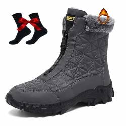 WINDEHAO Wasserdichte Winter-Schneestiefel für Herren mit Plateausohle und Reißverschluss vorne, pelzgefütterte, bequeme, warme Fleece-Stiefel mit Fußgewölbeunterstützung (Grey,47EU) von WINDEHAO