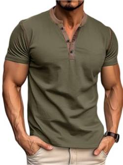 WINFY Herren Casual Henley Shirts Klassische Knöpfe Baumwolle Kurzarm T-Shirt Sommer Basic Solid Lightweight Tees Tops, Armeegrün, Size L von WINFY