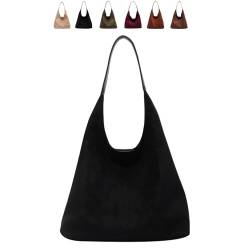 WIWIDANG Suede Tote Bag for Women, Brown Suede Bag, Leather Suede Hobo Crossbody Bag, Office Casual Tote Hobo Handbag w (Black) von WIWIDANG