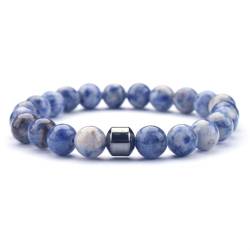 WJREGG Edelstein Armband Damen, Armbänder Aus Natürlichem Edelstein Mit Blauem Fleck, Modisches Kleines Hämatit-Meditationsarmband Mit Zylinder, Stretch-Armband Mit Glücksbringer, Schmuck Für Männer von WJREGG