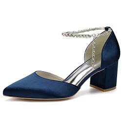 WJREGG Frauen Schuhe Stabile Absatz High Heels mit geschlossenen und Spitzen Zehen, Hochzeitsschuhe für Damen, Sandaletten mit Schnalle,Dark Blue,43 von WJREGG