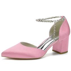 WJREGG Frauen Schuhe Stabile Absatz High Heels mit geschlossenen und Spitzen Zehen, Hochzeitsschuhe für Damen, Sandaletten mit Schnalle,Rosa,35 von WJREGG