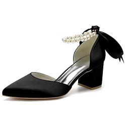 WJREGG Frauen Schuhen mit geschlossenen Zehen, Slip On Design für Hochzeit, niedrige Perlmutt Satin Kittenheels, Sandaletten, Spitze Zehen, Hochzeitspumps,Schwarz,42 von WJREGG