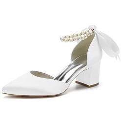 WJREGG Frauen Schuhen mit geschlossenen Zehen, Slip On Design für Hochzeit, niedrige Perlmutt Satin Kittenheels, Sandaletten, Spitze Zehen, Hochzeitspumps,Weiß,37 von WJREGG