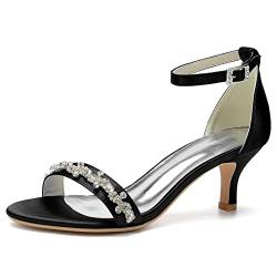 WJREGG Frauenhohe Absatz Sandalen mit Knöchelgürtel, Rhinestones, Kittenhöhen, Runde Zehen und Schnallen - Hochzeits-,und Komfortable Kleiderschuhe,Schwarz,43 von WJREGG