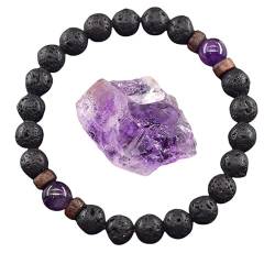 WJREGG Naturstein Armband Damen, Armbänder Mit Perlen Aus Natürlichem Edelsteinkristall Und Lavastein, Modisches Meditationsarmband Mit Amethyst, Glücksbringer, Stretch-Armband Für Frauen Und Männer von WJREGG