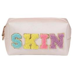 WMFASBAG Chenille-Buchstaben-Make-up-Tasche, wasserdichter Kulturbeutel, große Kapazität, tragbare Hautpflegetasche, PU-Make-up-Organizer-Tasche für Outdoor-Reisen von WMFASBAG