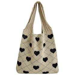 WMFASBAG Häkel-Tragetasche für Damen, Herzmuster, Stricktasche, große Kapazität, Handtasche, Tragetasche für Urlaubsreisen von WMFASBAG