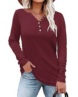 WNEEDU Damen Henley T-Shirt Langarm Lässig Langarmshirt Leichte Pullover V-Ausschnitt Bluse mit Knöpfe von WNEEDU