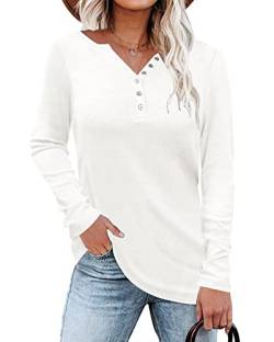 WNEEDU Damen Henley T-Shirt Langarm Lässig Langarmshirt Leichte Pullover V-Ausschnitt Bluse mit Knöpfe von WNEEDU