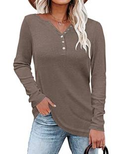 WNEEDU Damen Henley T-Shirt Langarm Lässig Langarmshirt Leichte Pullover V-Ausschnitt Bluse mit Knöpfe von WNEEDU