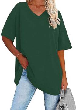 WNEEDU Damen Oversize T Shirt Sommer Kurzarm V Ausschnitt Oberteile Basic Top Waldgrün 2XL von WNEEDU