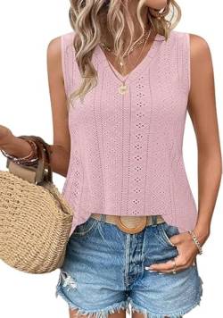 WNEEDU Damen Tanks Tops Sommer V-Ausschnitt ärmellos locker Cami Oberteil mit Eyelet-Stickerei und Seiten-Splits Oberteile Shirts Top Rosa S von WNEEDU