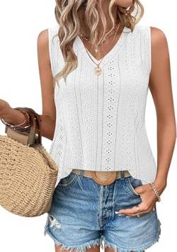 WNEEDU Damen Tanks Tops Sommer V-Ausschnitt ärmellos locker Cami Oberteil mit Eyelet-Stickerei und Seiten-Splits Oberteile Shirts Top Weiß L von WNEEDU