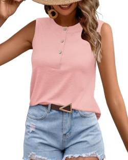 WNEEDU Tank Tops Damen Ärmellos Sommer Tshirts Slim Fit Oberteile mit Knöpfen Lässige Rundhals Tops Vest Top Bluse Shirt Rosa S von WNEEDU