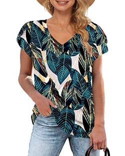 WNEEDU Top Damen Sommer T Shirt V Ausschnitt Kurzarm Elegant Oberteile Blattdruck XL von WNEEDU