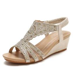 WOFANLULY Damen-Sandalen mit niedrigem Keilabsatz, Plateau, goldfarben, Strass, T-Bar, Slingback, Sommersandalen, beige, 38.5 EU von WOFANLULY