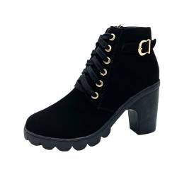 WOFANLULY Damen Stiefel mit rundem Zehenbereich, klobiger Absatz, Schnürschuh, Schwarz , 37 EU von WOFANLULY