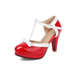 Mode Frauen T-Strap High Heels Bogen Plattform Runde Zehe Pumpen Leder Sommer Süße Schuhe（Red 1-1，38） von WOOD MEETS COLOR