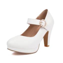 Mode Frauen T-Strap High Heels Bogen Plattform Runde Zehe Pumpen Leder Sommer Süße Schuhe（White 6-2，36） von WOOD MEETS COLOR