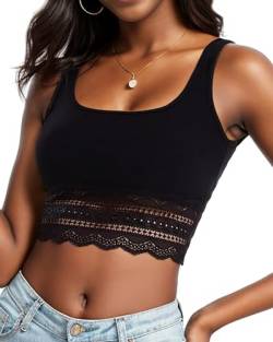 WOWENY Crop Tank Top Damen Sommer Eckigem Ausschnitt mit Spitze Sexy Ärmellose Gerippte Oberteil Bauchfrei Croptop Spitzen Oberteil Sommershirt,Schwarz,XL von WOWENY