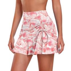 WOWENY Damen-Baderock mit hoher Taille und integrierten Shorts, Rüschen, verstellbarer Kordelzug, Badehose, Pink Leaf, XX-Large von WOWENY