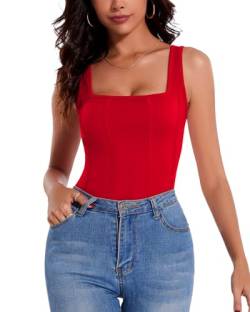 WOWENY Tank Top Body Damen Ärmellos Oberteile mit Eckigem Ausschnitt Elegent Sexy Bodysuit Sommer Tops[Rot, M] von WOWENY