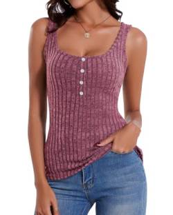 WOWENY Tank Top mit Knopfleiste Damen Ärmellos Oberteile Henley Shirt U-Ausschnitt Gerippt Sexy Vest Sommer Casual Tops[Dunkel Mauve, XL] von WOWENY