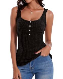 WOWENY Tank Top mit Knopfleiste Damen Ärmellos Oberteile Henley Shirt U-Ausschnitt Gerippt Sexy Vest Sommer Casual Tops[Schwarz, von WOWENY