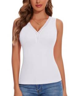 WOWENY Tank Top mit Spitze Damen Trägertop V-Ausschnitt Elegant Ärmellose Oberteile Sommer Tshirt Ribbed Sexy Cami[Weiß, von WOWENY