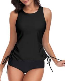 WOWENY Tankini Damen Bauchweg Bikini Oberteil Einzeln Padded Sport Badeanzug mit Cups Swim Top Schnell Trocknend Bademode Tank Top Schwarz M von WOWENY